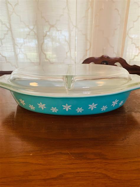 snowflake blue pyrex|pyrex snowflake divided dish.